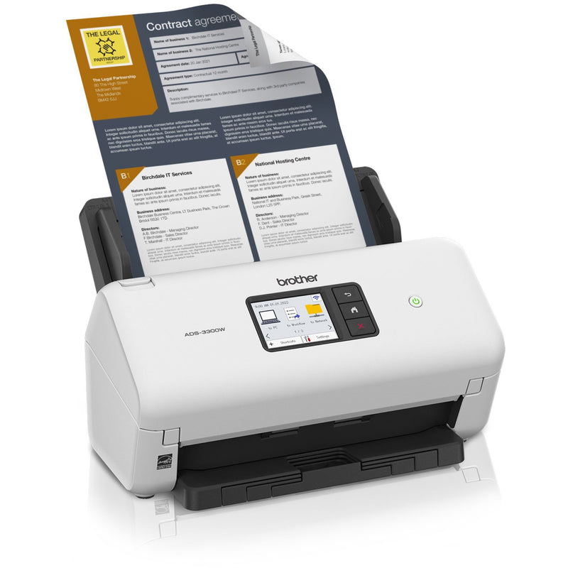 Brother ADS-3300W scanning a multi-page business document