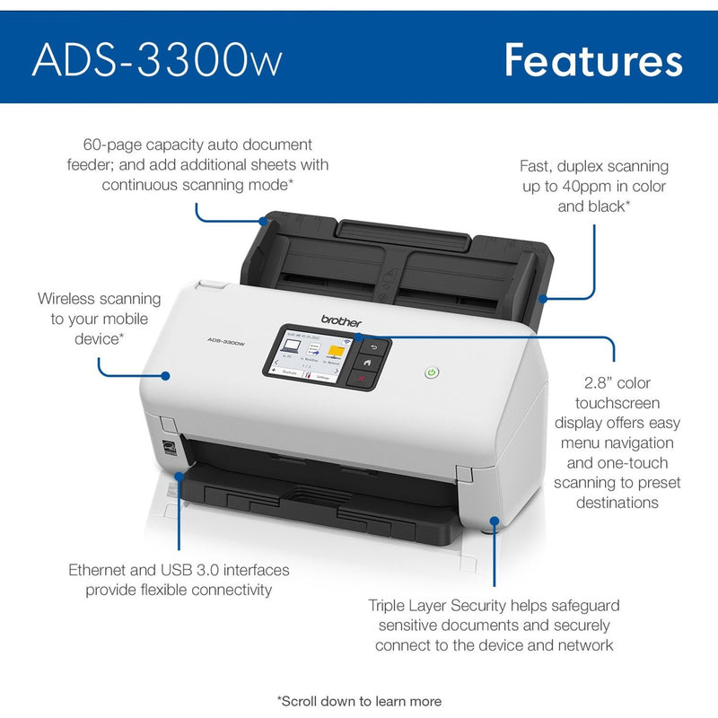 Infographic highlighting key features of Brother ADS-3300W scanner