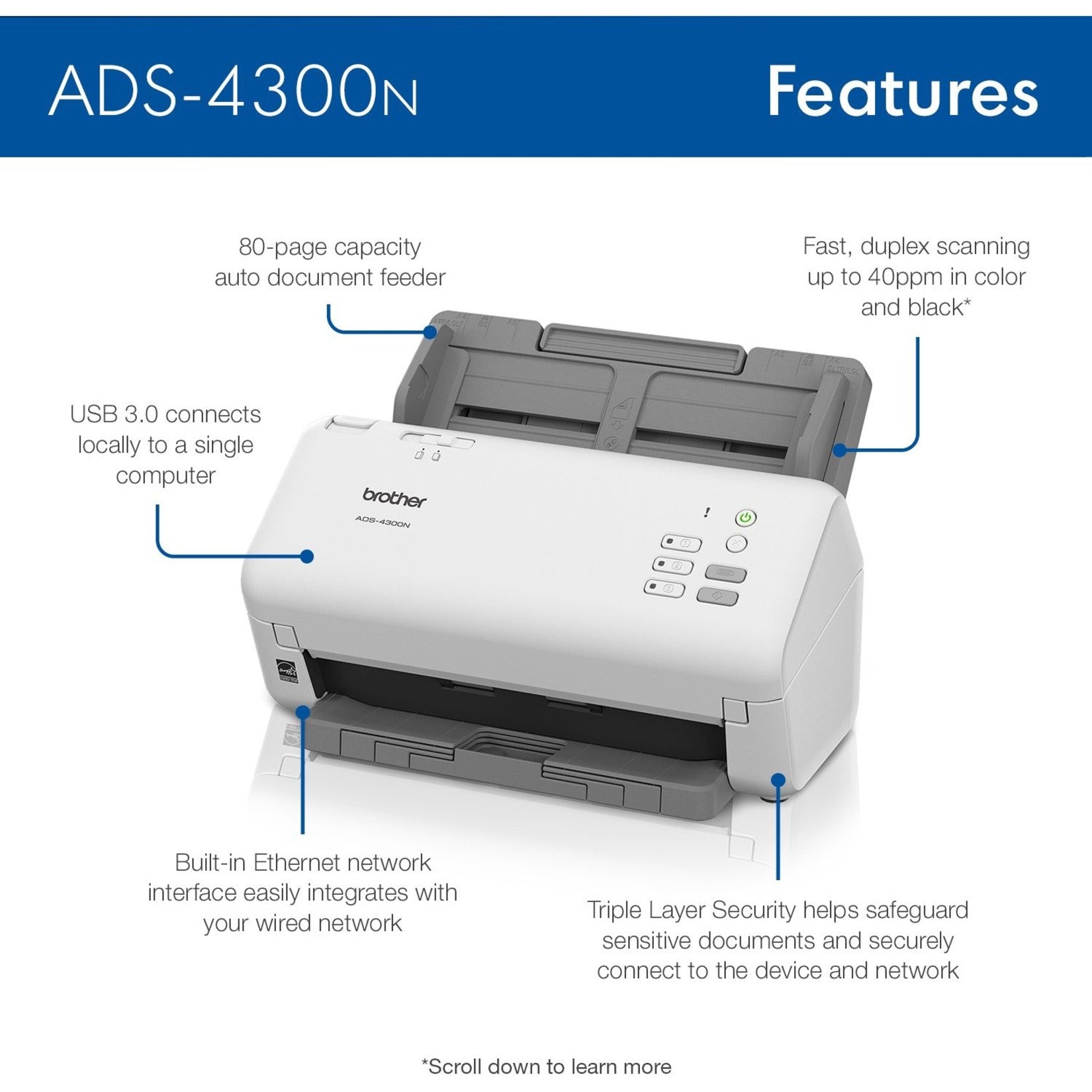 Brother ADS4300N Professioneller Desktop-Scanner ADF Kapazität 80 Blatt Duplex-Scannen 600 x 600 dpi