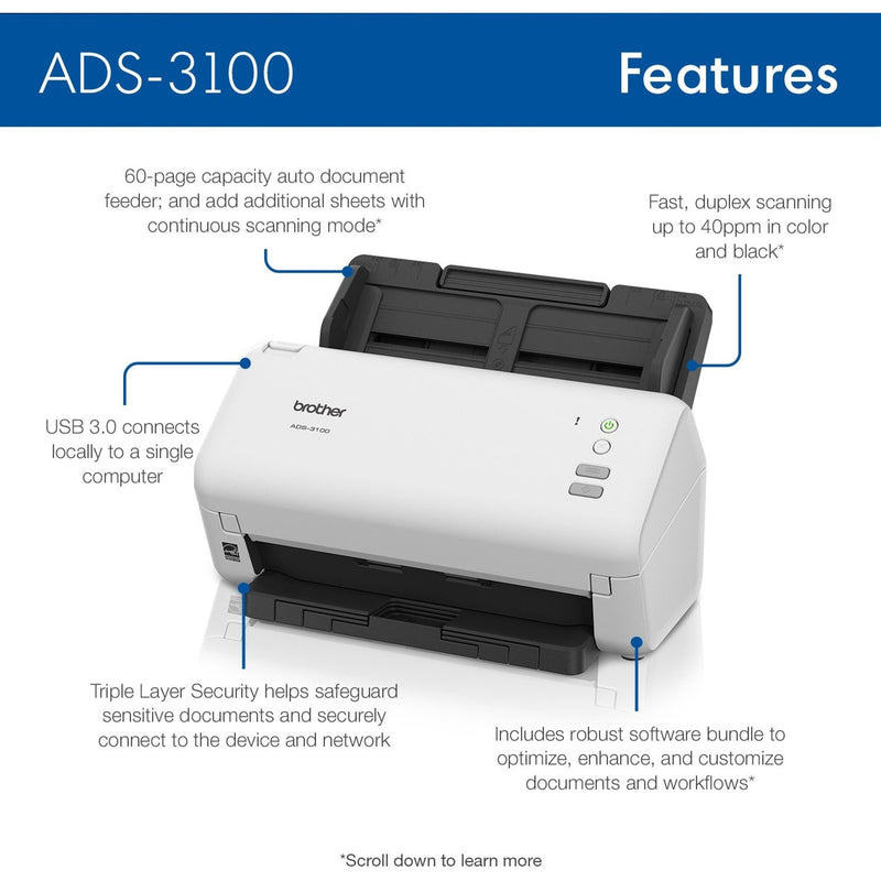 Feature diagram of Brother ADS-3100 scanner highlighting key capabilities