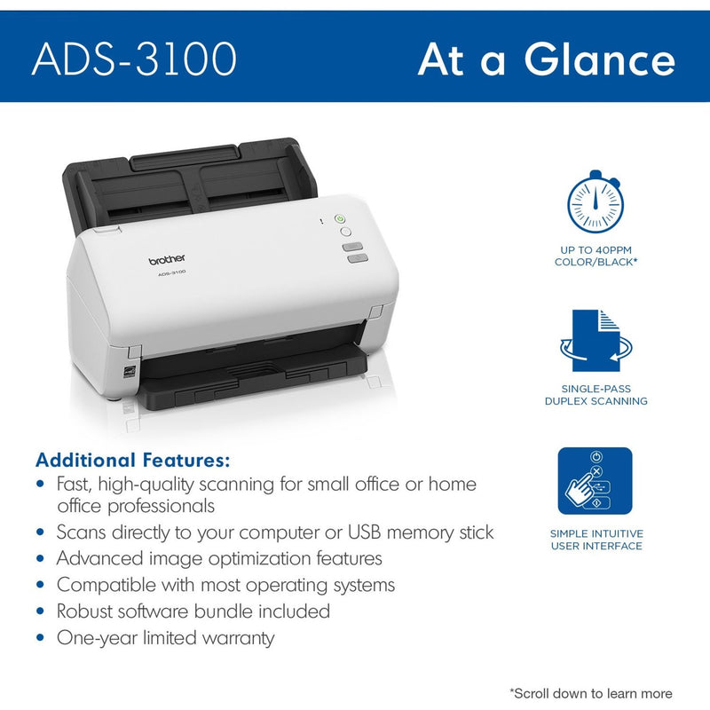 Overview infographic of Brother ADS-3100 scanner features and specifications