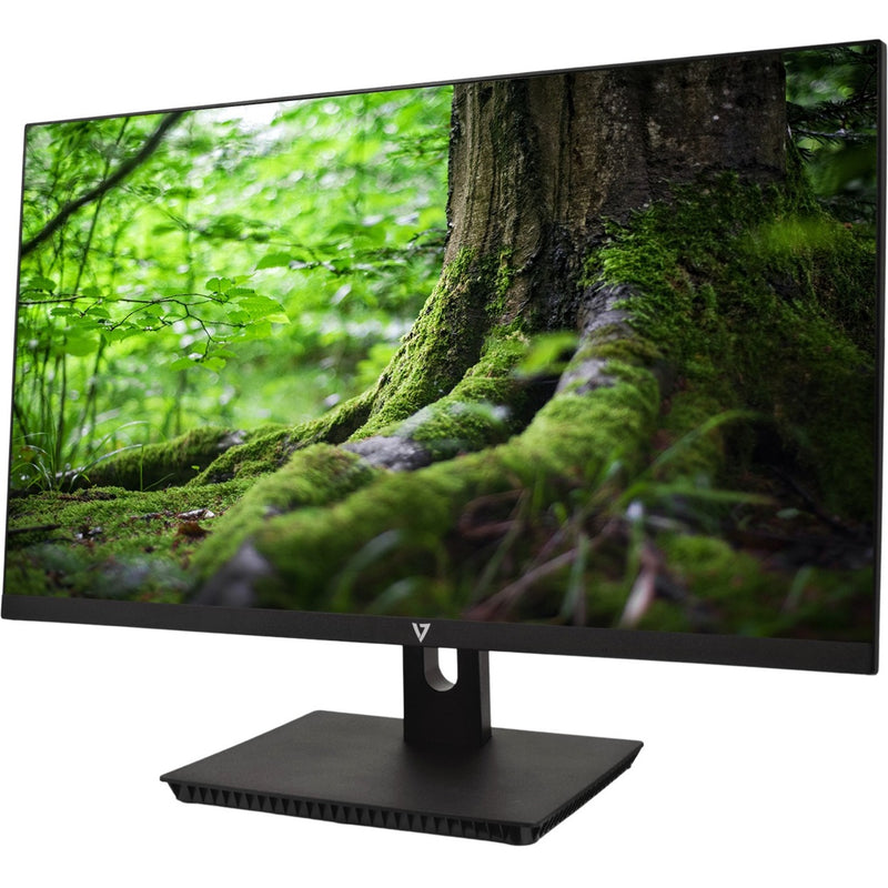 V7 L238IPS monitor displaying vibrant nature scene with moss-covered tree trunk and green foliage, demonstrating color accuracy and clarity