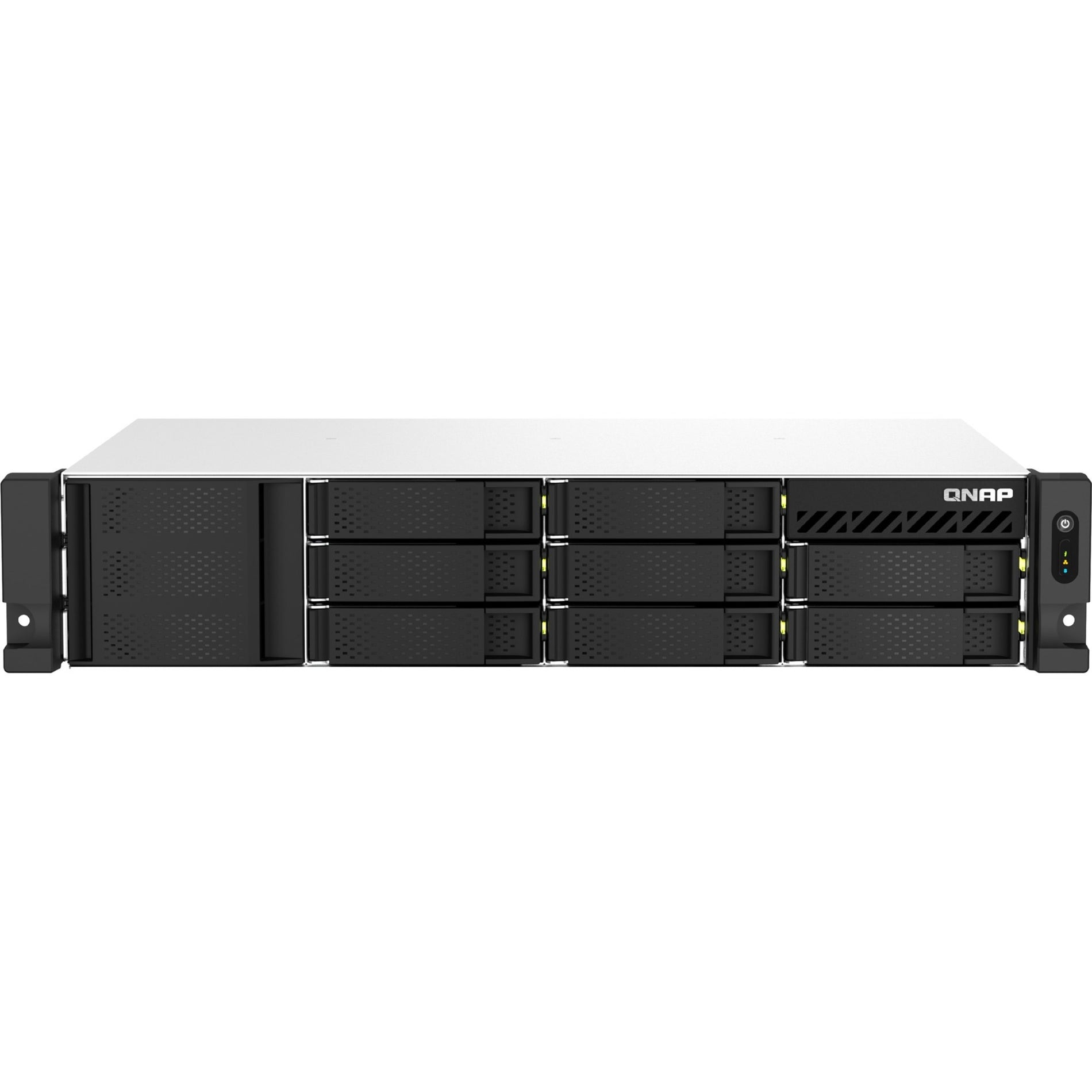 Direct front view of QNAP TS-873AEU-RP-4G showing detailed bay configuration and status indicators-alternate-image2