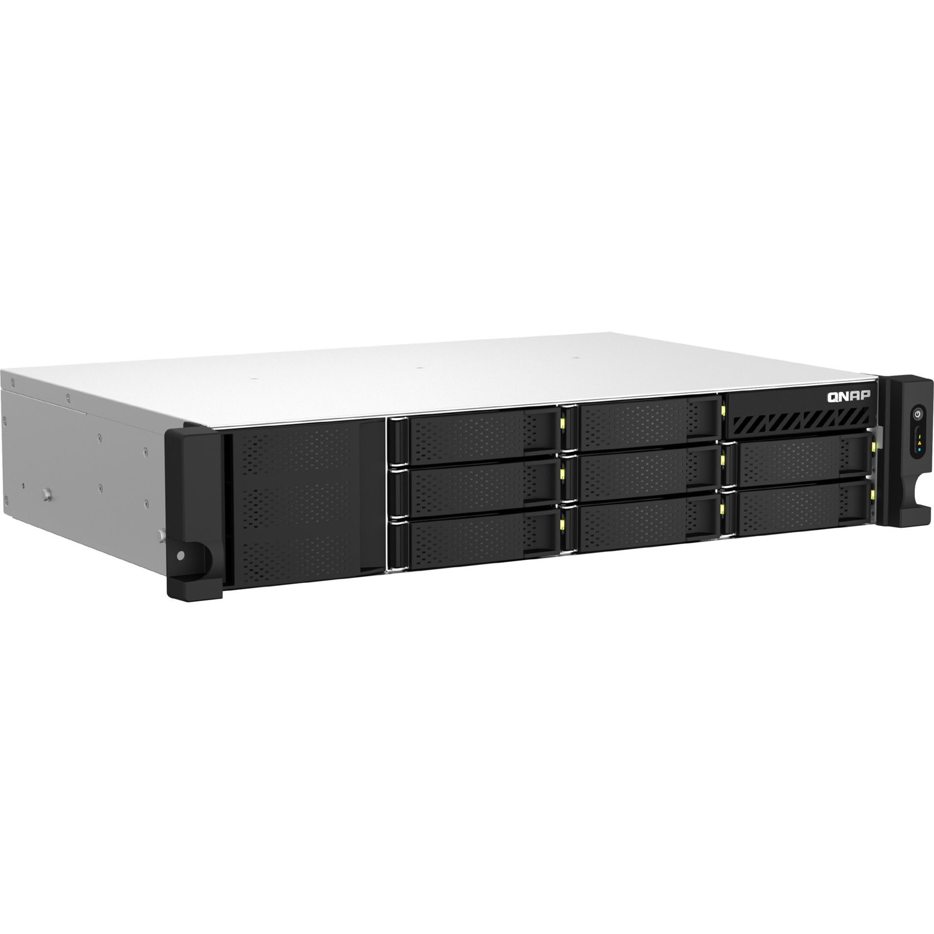 Front angled view of QNAP TS-873AEU-RP-4G 2U rackmount NAS showing 8 drive bays and sleek black front panel-alternate-image1