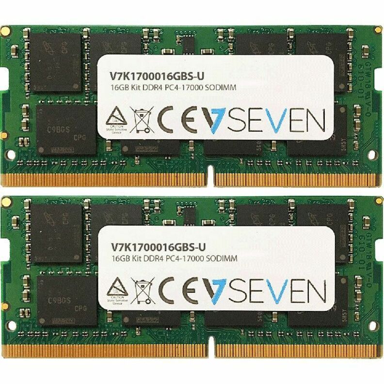 V7 16GB DDR4-2133 SO-DIMM memory kit showing two identical green circuit boards with V7SEVEN branding and certification marks-alternate-image1