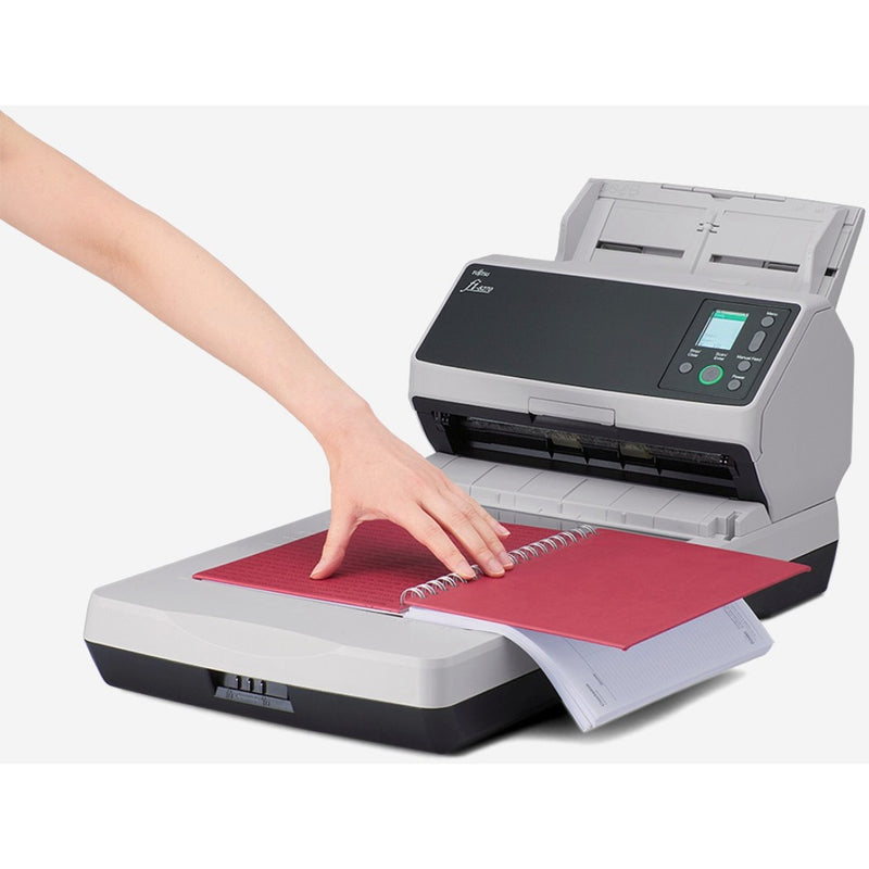 Demonstration of scanning a spiral-bound document on Fujitsu fi-8270 flatbed scanner