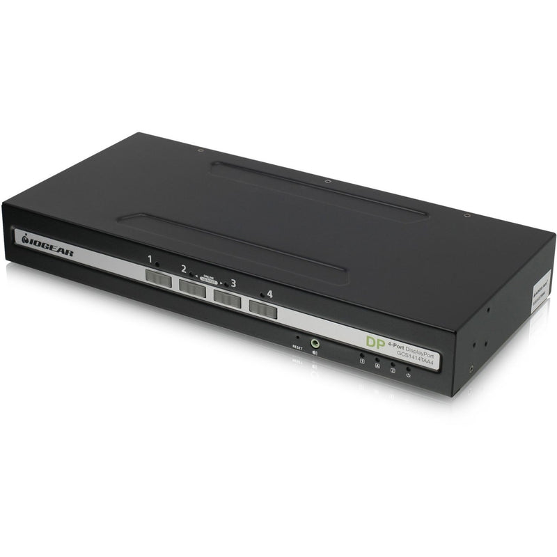 Front view of IOGEAR 4-port secure KVM switch showing port selection buttons and LED indicators