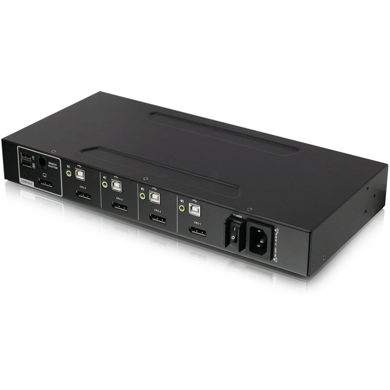 Rear view of IOGEAR KVM switch showing DisplayPort, USB, and audio connections for four computers