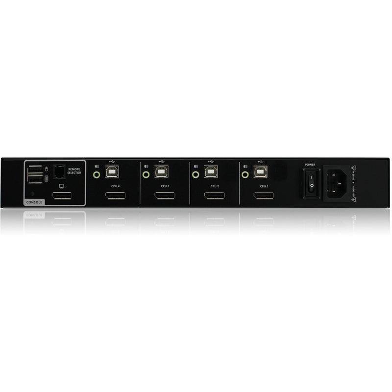 Detailed rear panel view of IOGEAR secure KVM switch highlighting isolated ports and power connection