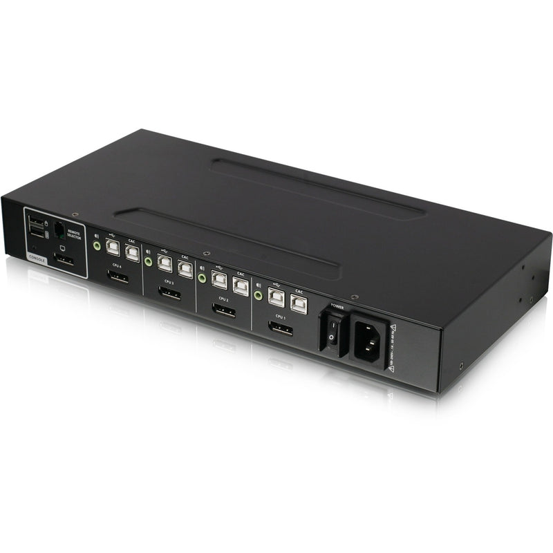 Rear view of IOGEAR secure KVM switch showing multiple DisplayPort, USB, and CAC ports