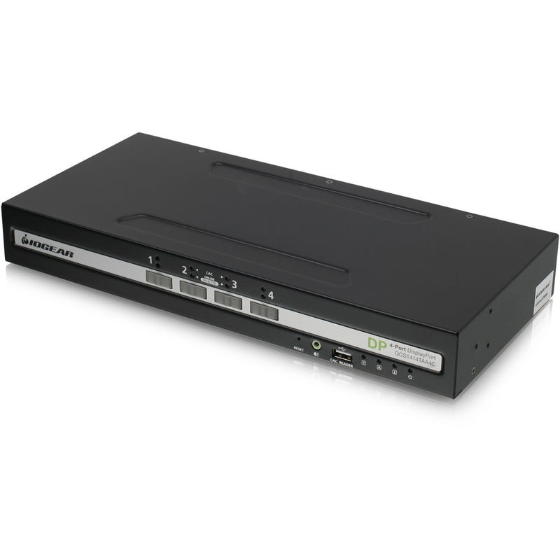 Front view of IOGEAR 4-port secure KVM switch showing control buttons and LED indicators