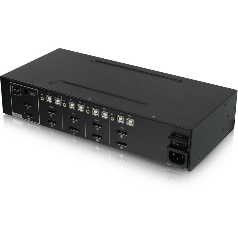 Rear view of IOGEAR Secure KVM Switch displaying multiple DisplayPort connections, USB ports, and power input