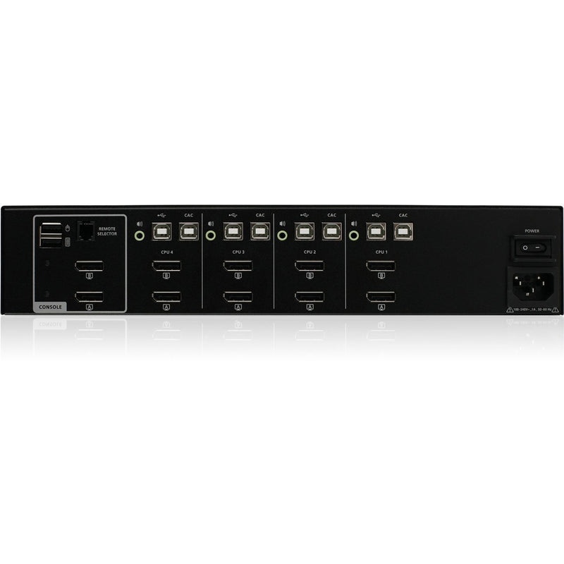 Detailed rear view of IOGEAR Secure KVM Switch highlighting isolated ports and connection interfaces