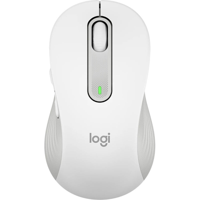 Top view of white Logitech Signature M650 wireless mouse showing scroll wheel and LED indicator