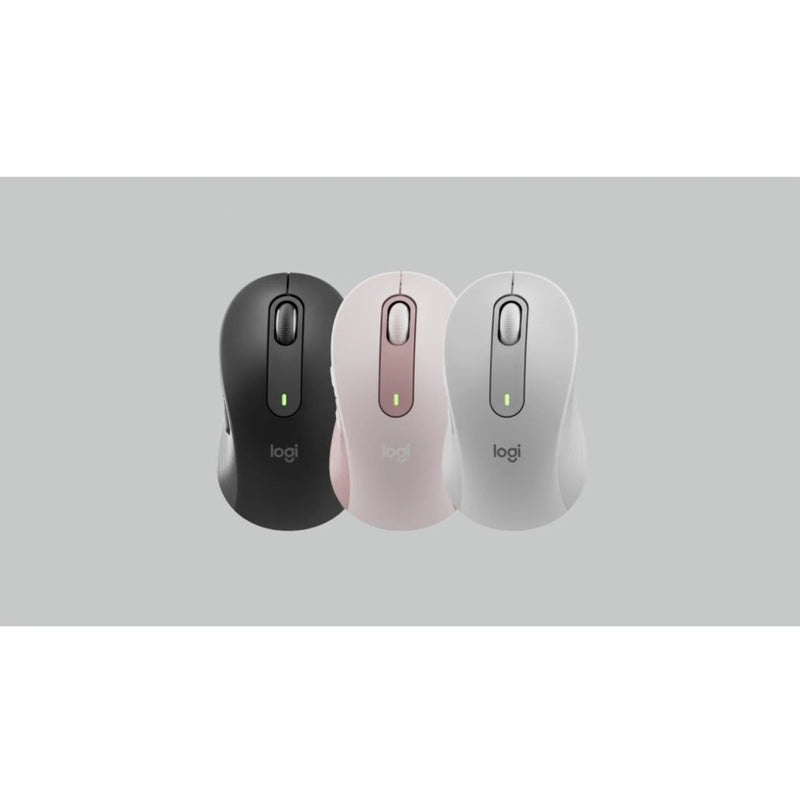 Three color variants of Logitech M650 mouse - black, rose, and white