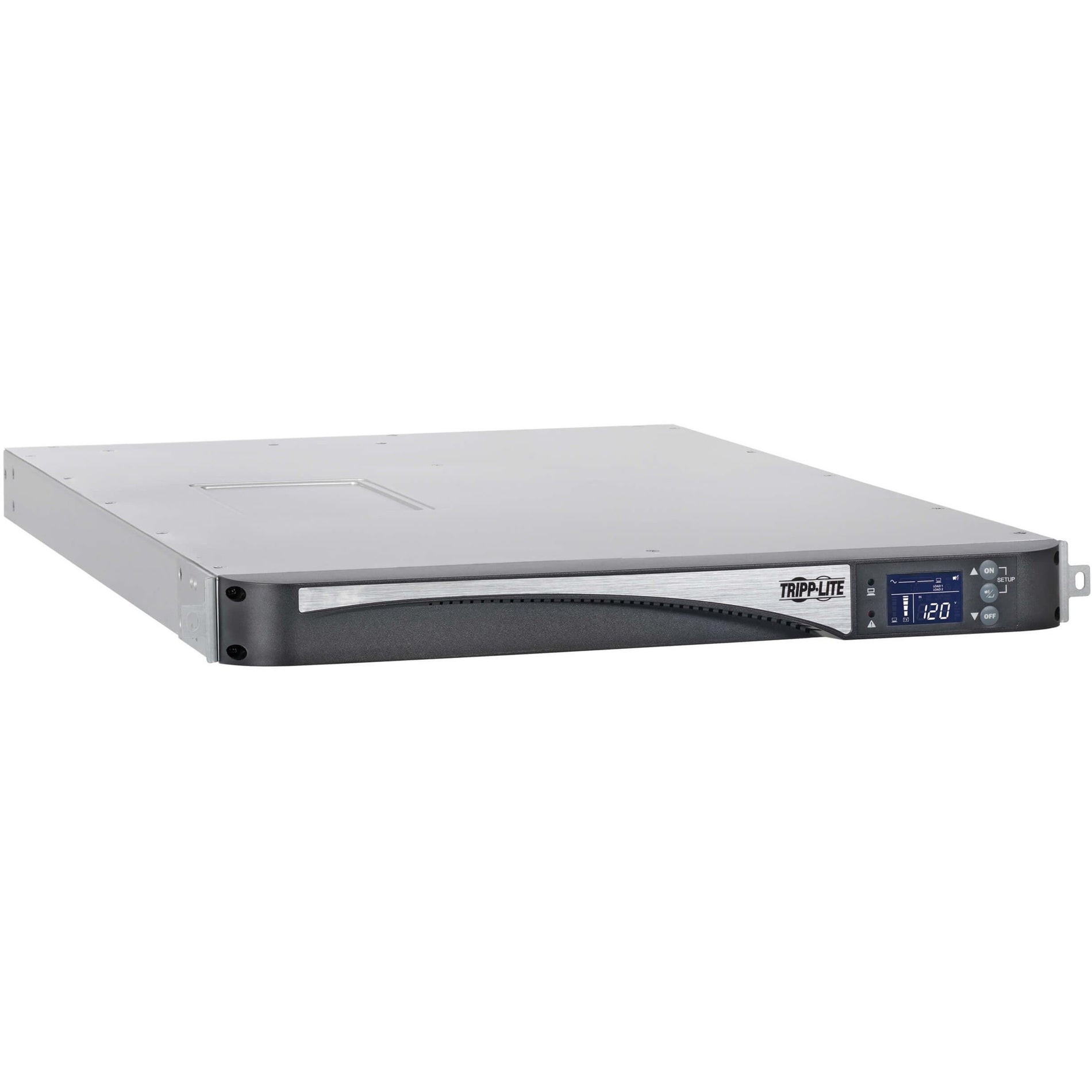 Front angled view of Tripp Lite SMART1500RT1U 1U rack-mount UPS system with LCD display-alternate-image1