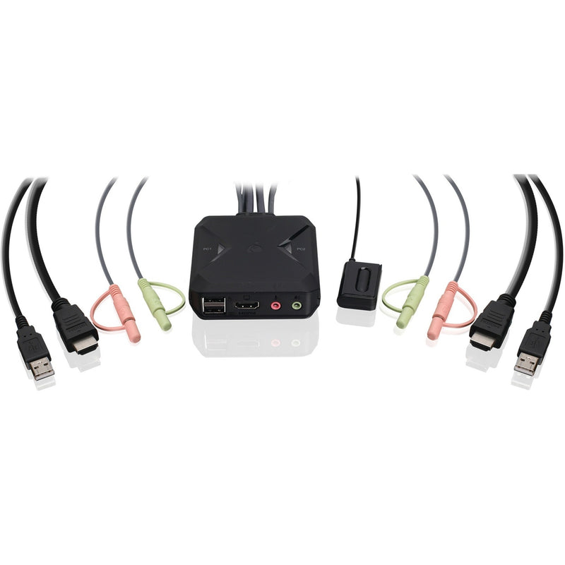 IOGEAR KVM switch with integrated cables showing HDMI, USB, and audio connections arranged symmetrically