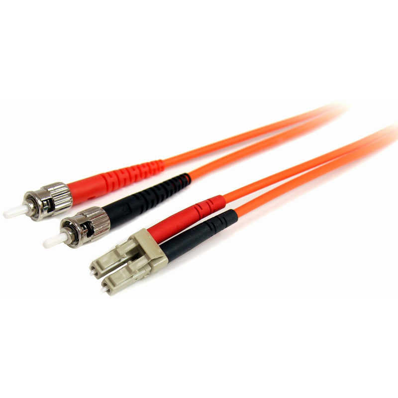 StarTech.com 10-meter multimode fiber patch cable with LC and ST connectors showing both termination ends