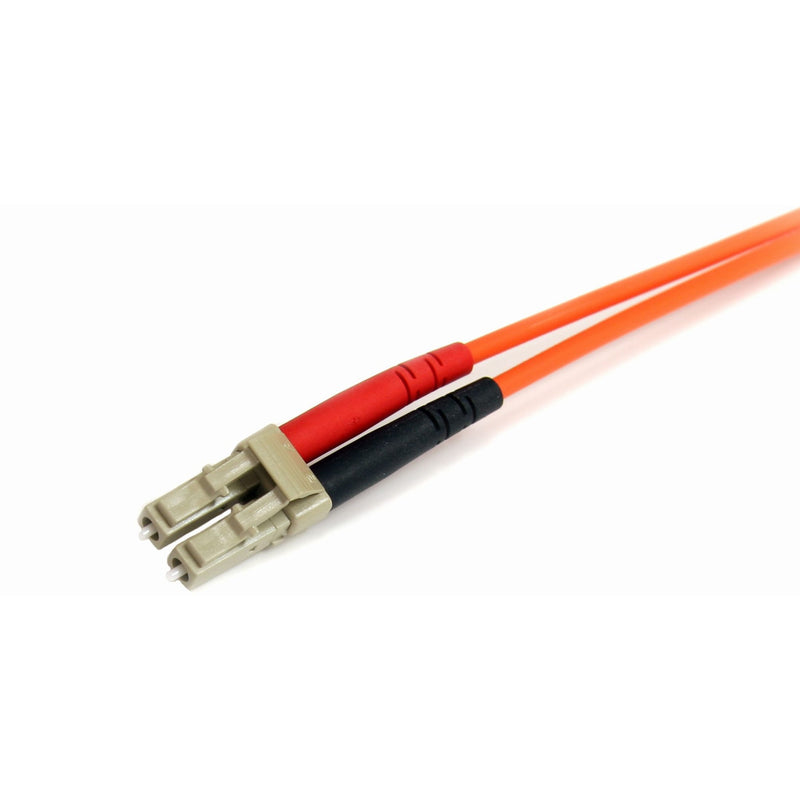 Detailed view of LC connector on StarTech.com fiber patch cable showing latching mechanism