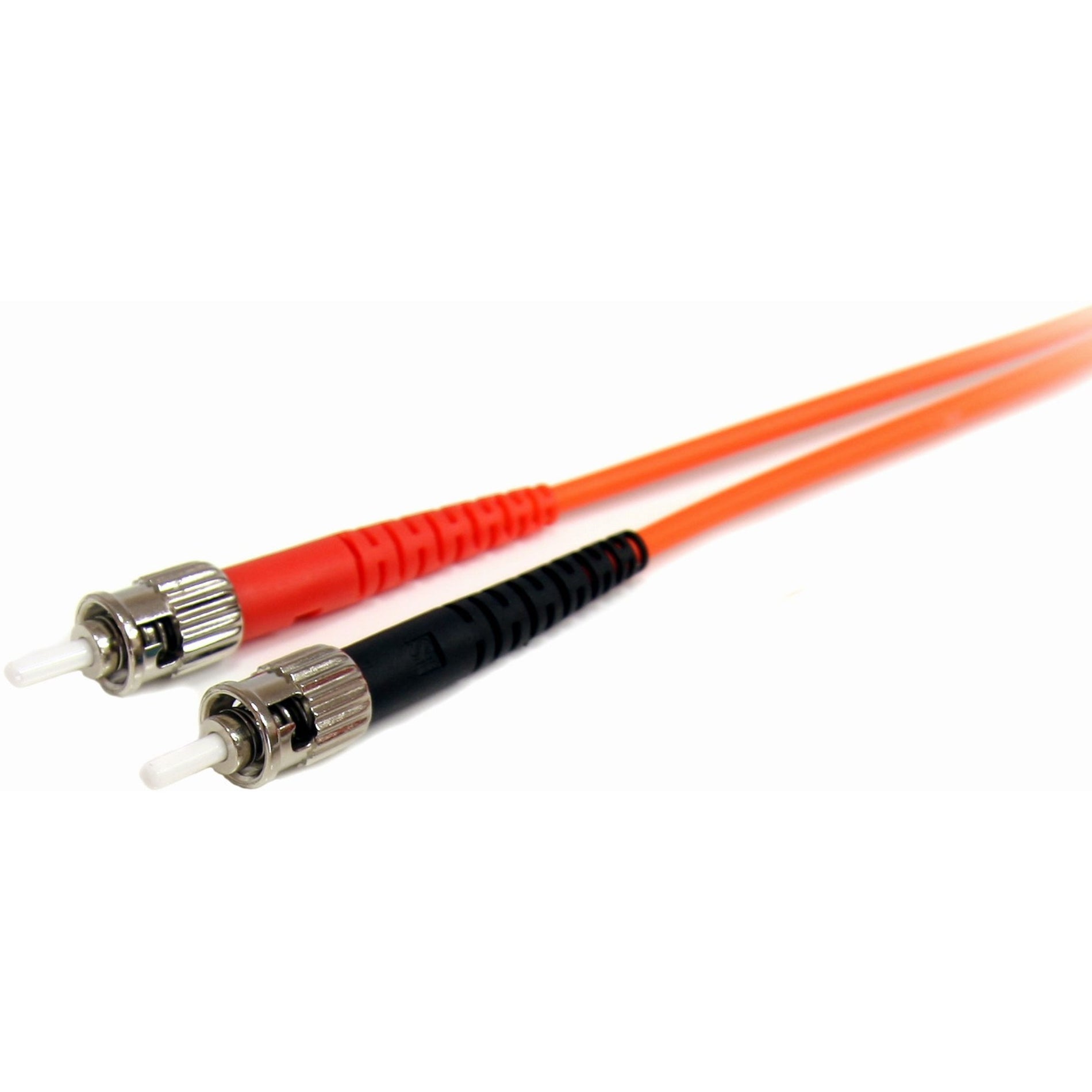 Close-up view of ST connector end on StarTech.com fiber patch cable showing metal housing and ferrule-alternate-image2