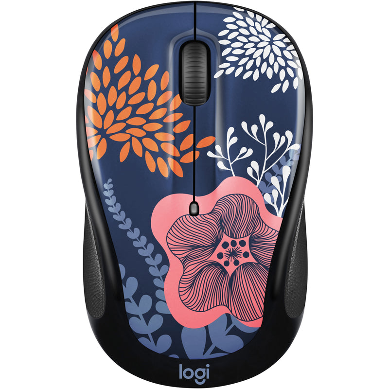 Top view of Logitech Forest Floral wireless mouse showing complete floral pattern design and button layout