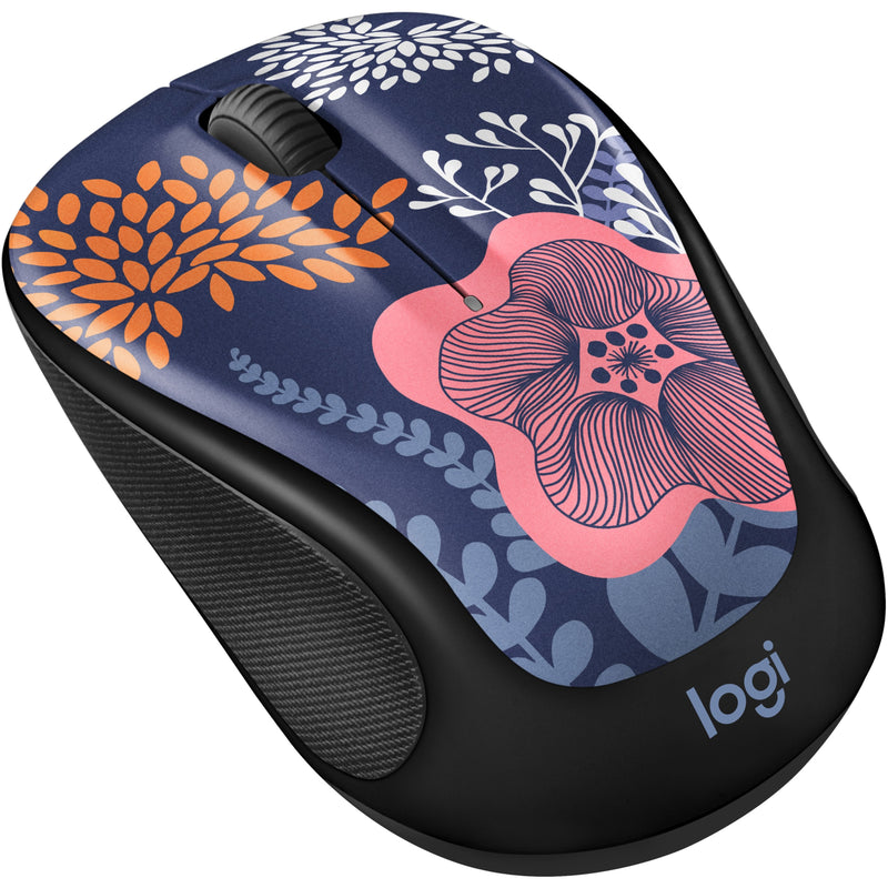 Logitech wireless mouse featuring Forest Floral design with navy blue background, orange and white flowers, and pink detailed patterns, shown from a top-angled view