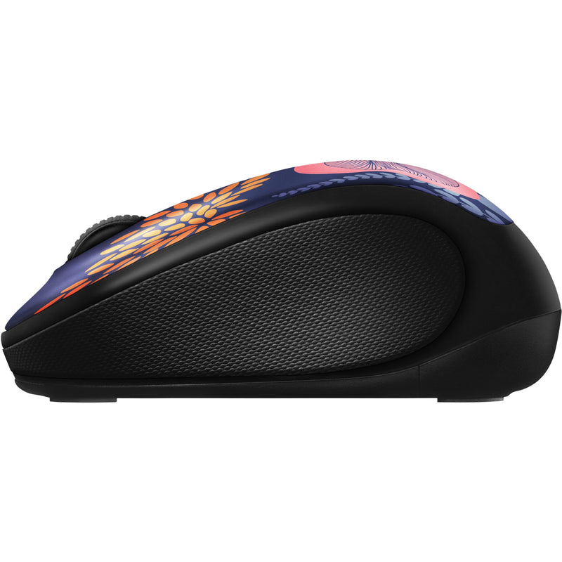 Side profile view of Logitech Forest Floral wireless mouse showing ergonomic shape and textured grip surface