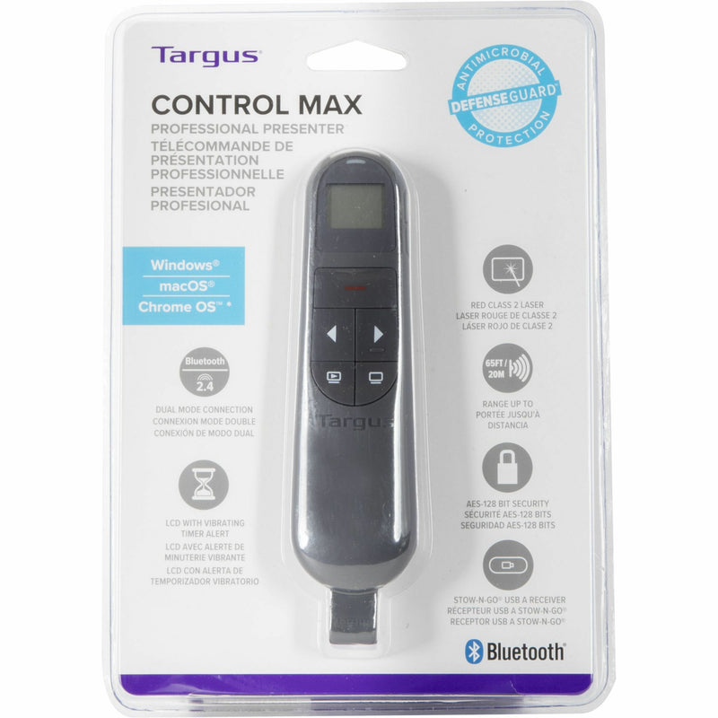 Front packaging view of Targus Control Max presenter showing features and compatibility