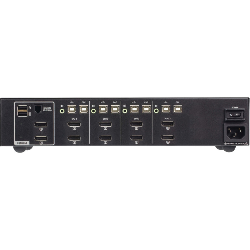 Rear view of ATEN CS1144DP4C secure KVM switch displaying multiple DisplayPort connections, USB ports, and power input