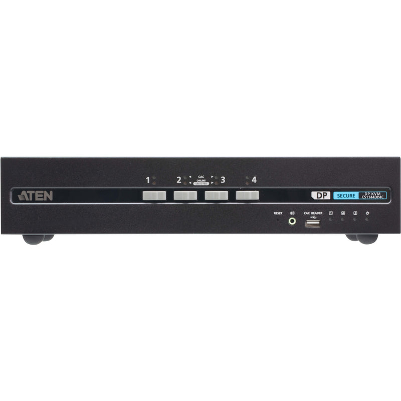 Front view of ATEN CS1144DP4C secure KVM switch showing four numbered port buttons, CAC reader slot, and status indicators