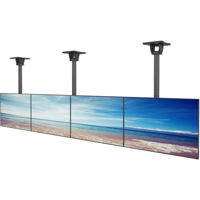 Four displays mounted in landscape orientation showing a panoramic beach scene using the Kanto MBC411T mount