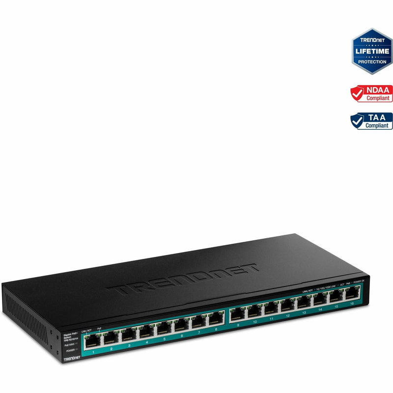 Front view of TRENDnet TPE-TG161H 16-port Gigabit PoE+ switch with black metal housing and green-lit ethernet ports