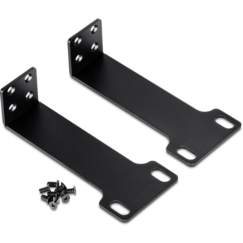 Black metal rack mount brackets with mounting screws for TRENDnet switch installation