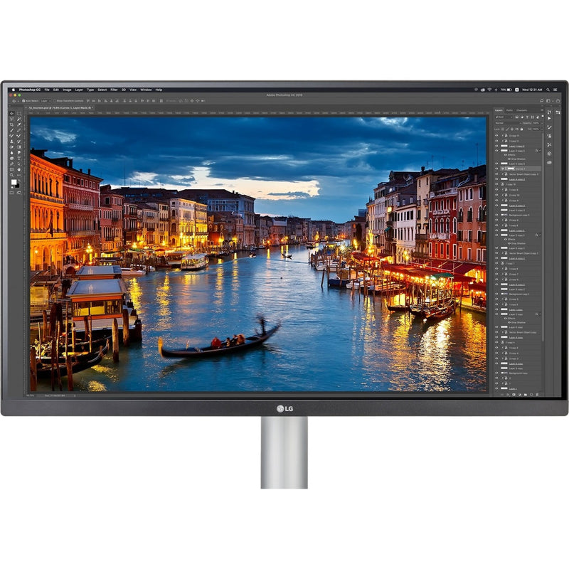 LG monitor displaying professional photo editing of Venice canal scene