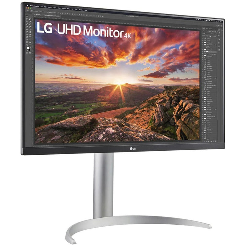 Angled view of LG monitor showing adjustable stand and display quality