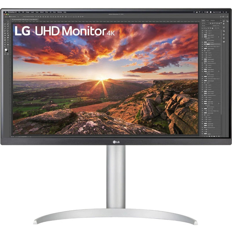 Side view of LG monitor showing slim profile and curved stand design