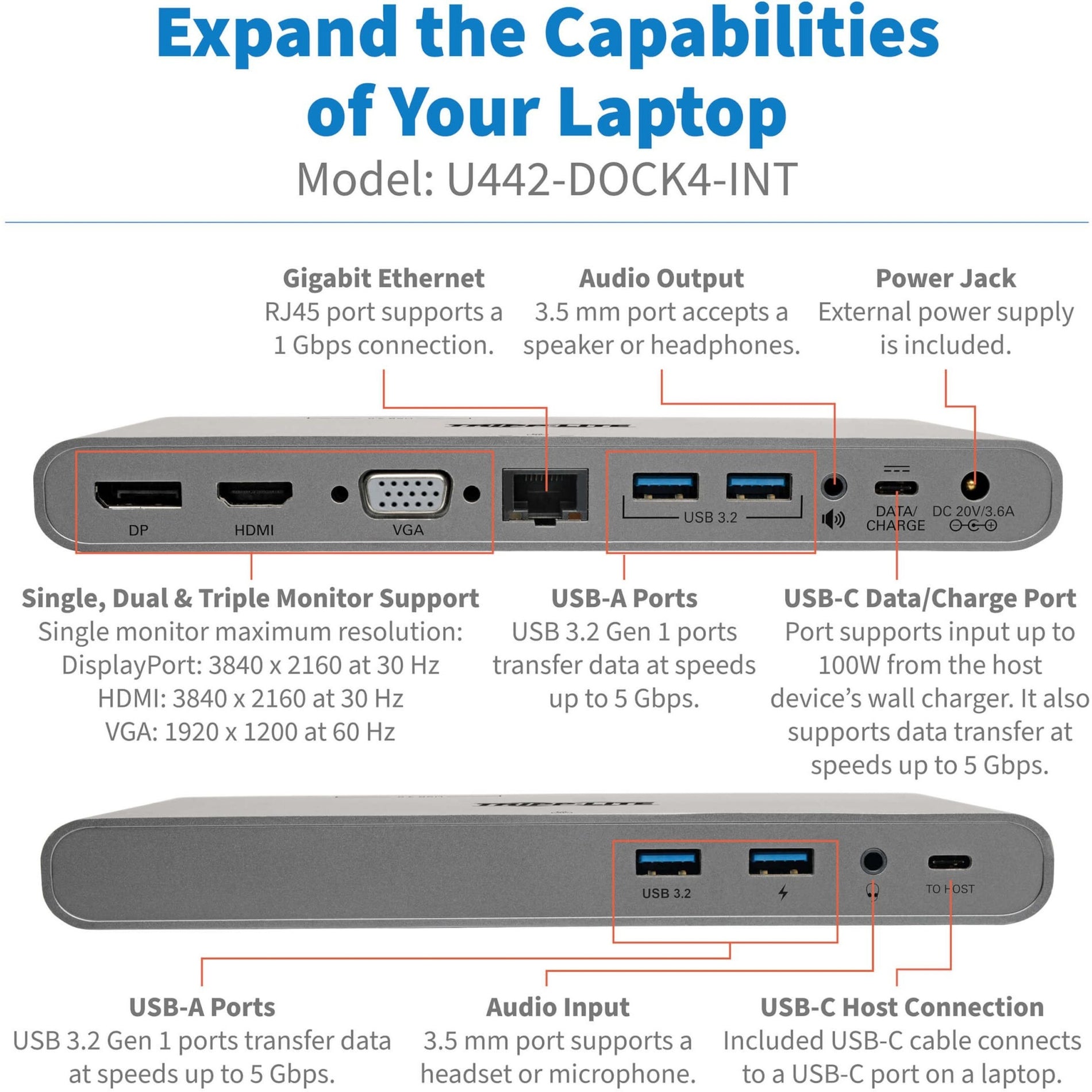 Tripp Lite U442-DOCK4-INT Docking Station 4K HDMI USB-C USB Type-A Gigabit Ethernet