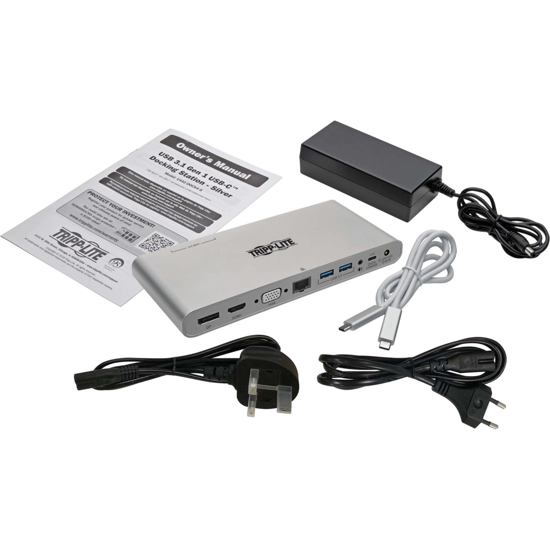 Package contents of Tripp Lite docking station including main unit, power adapter, cables and manual-alternate-image2