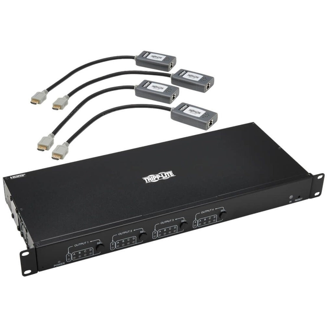 Tripp Lite 4x4 HDMI matrix switch with four pigtail receivers and connection cables displayed-alternate-image1