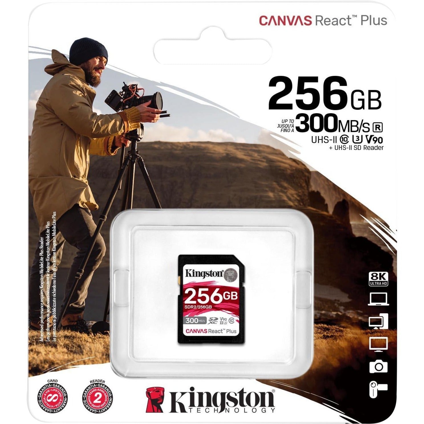 Kingston SDR2/256GB Canvas React Plus 256GB SDXC Card, 300 MB/s Read Speed, V90 Video Speed Class