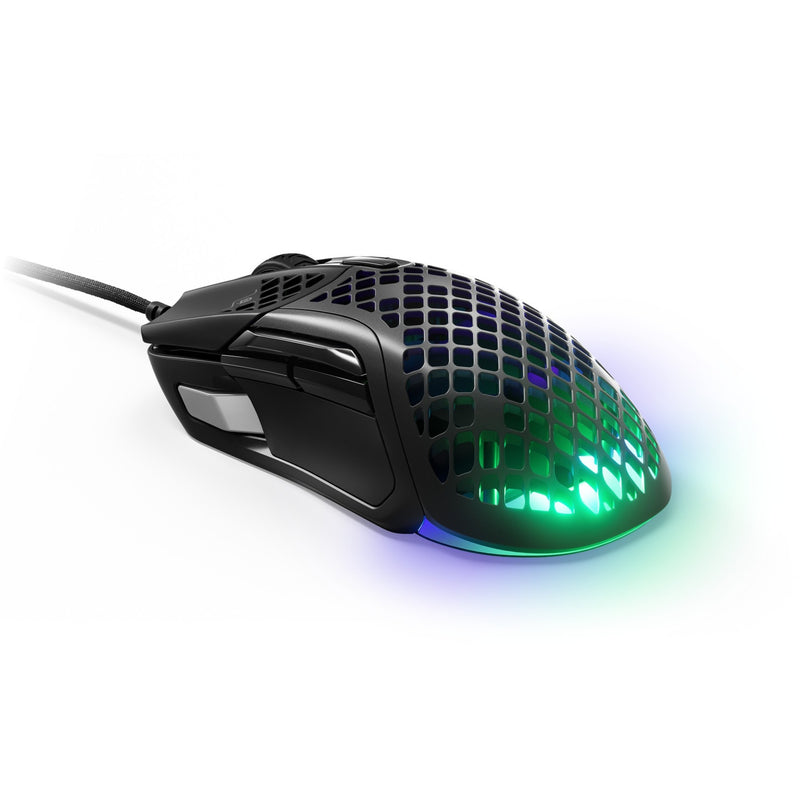 Angular view of SteelSeries Aerox 5 gaming mouse showing ergonomic design with RGB lighting