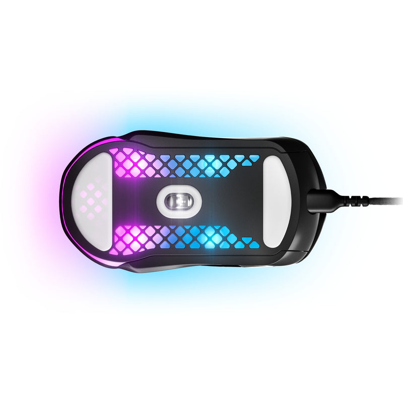 Bottom view of SteelSeries Aerox 5 gaming mouse with pink and blue RGB lighting effects