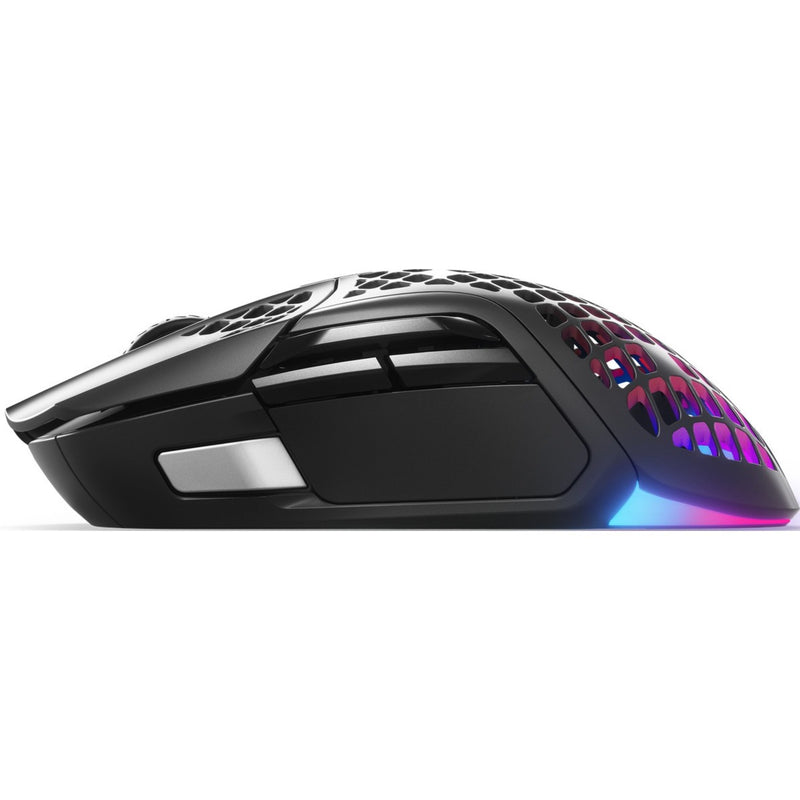 Side view of Aerox 5 Wireless gaming mouse showing ergonomic profile and RGB lighting