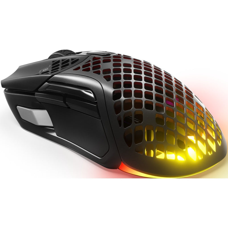 Angled view of Aerox 5 Wireless mouse showing RGB lighting through honeycomb pattern