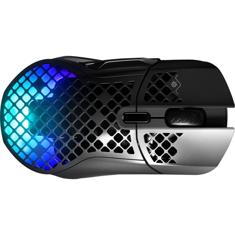 Top view of SteelSeries Aerox 5 Wireless gaming mouse showing honeycomb shell design with blue RGB lighting