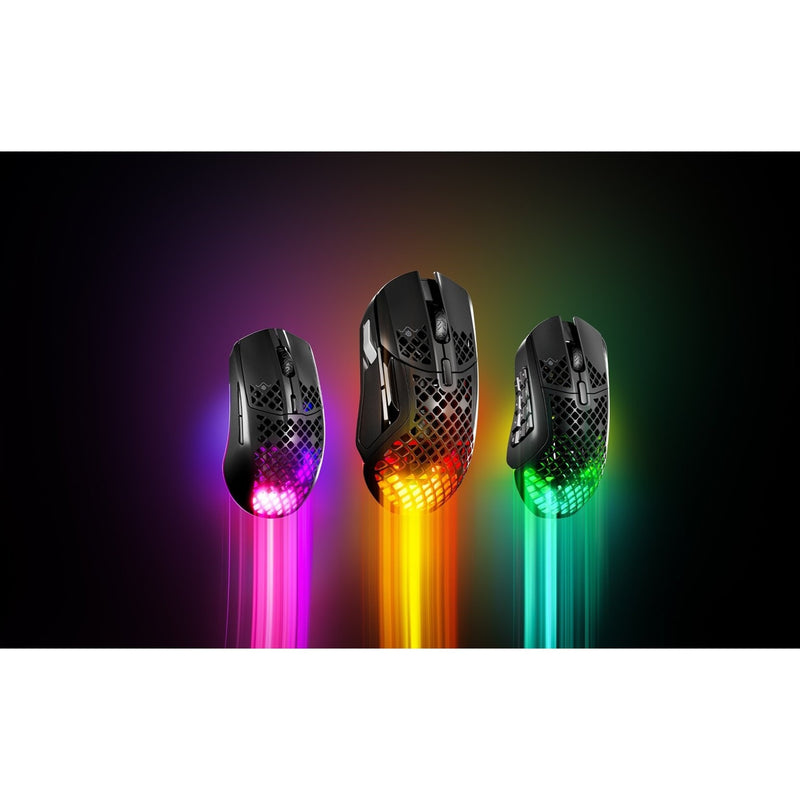 Multiple Aerox 5 Wireless mice showing different RGB lighting configurations