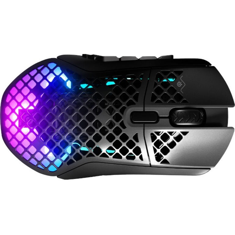 Top view of SteelSeries Aerox 9 gaming mouse showing honeycomb shell design with purple and blue RGB lighting-alternate-image1