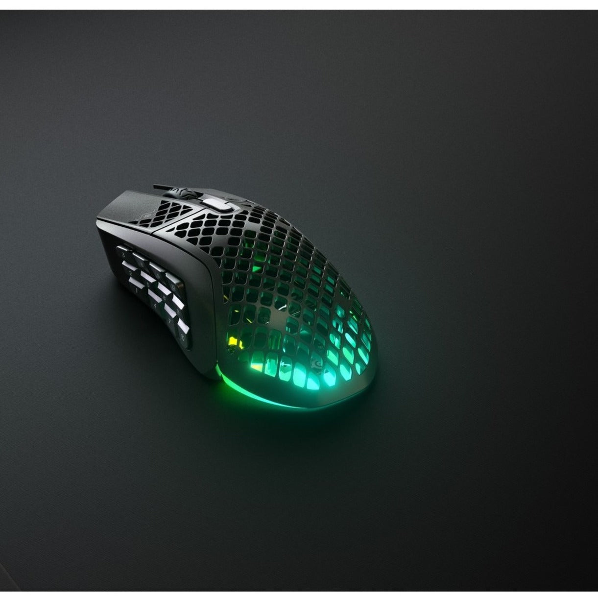 Dramatic side view of SteelSeries Aerox 9 gaming mouse with green RGB lighting in dark environment-alternate-image4