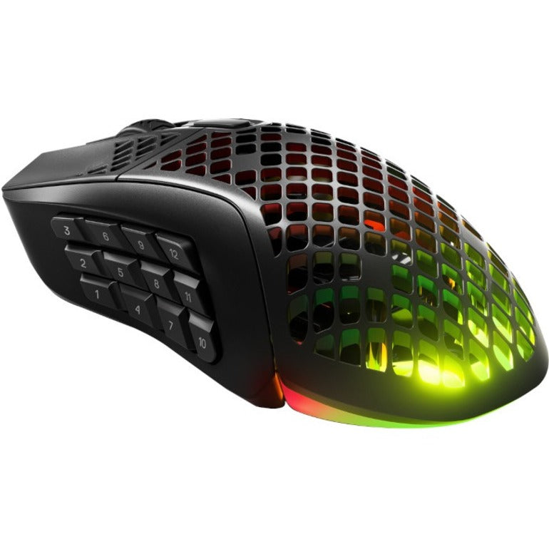 Angled view of SteelSeries Aerox 9 gaming mouse displaying gradient RGB lighting through honeycomb shell-alternate-image3