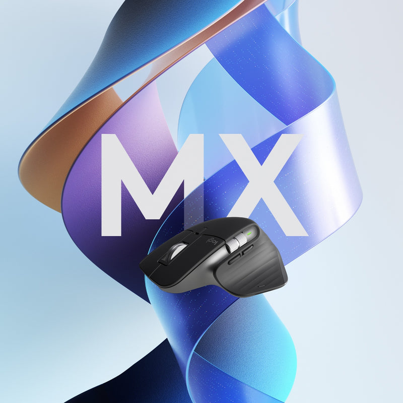 Artistic product shot of MX Master 3S with stylized MX logo background